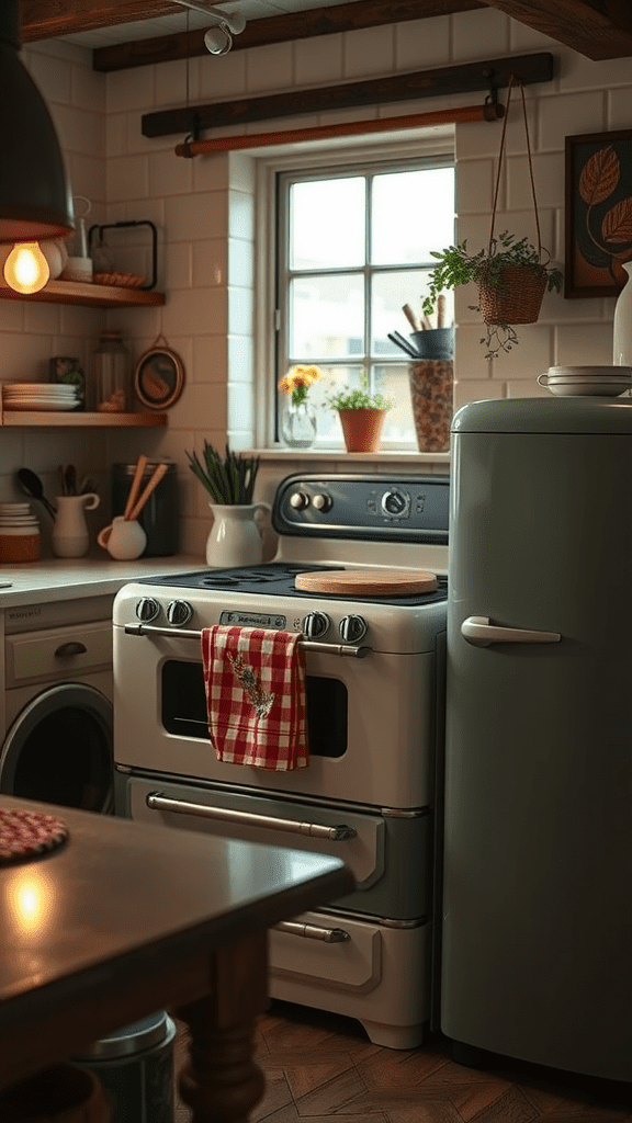 A cozy kitchen featuring vintage appliances, including a retro stovetop and refrigerator, surrounded by warm lighting and decorative elements.