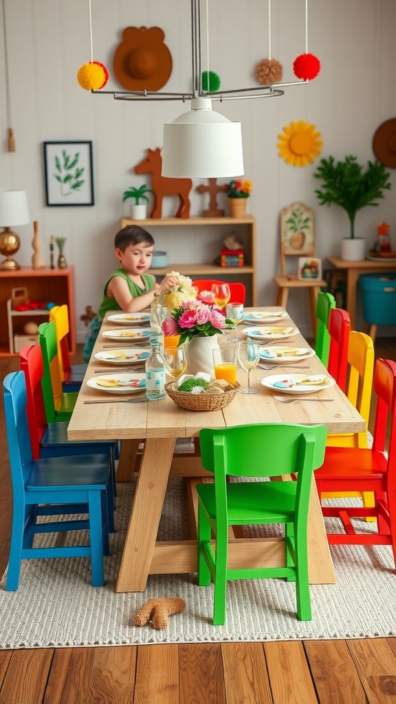 A child-friendly dining area with a colorful table set for meals, featuring a young boy sitting at the table.