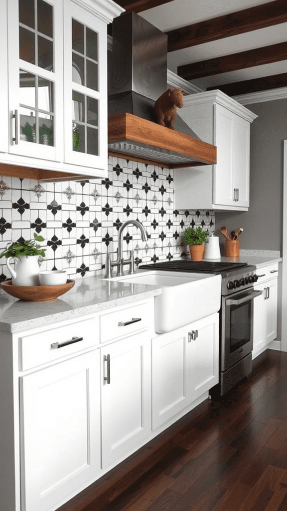 A modern kitchen featuring black and white design with white cabinets, black and white tiled backsplash, and wooden accents.