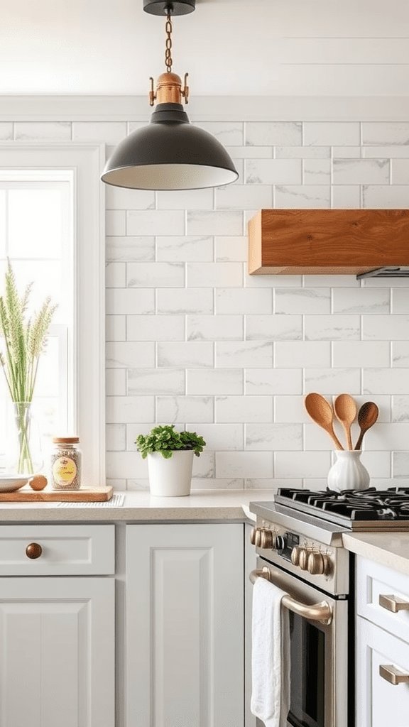 Modern kitchen with white cabinets, a marble backsplash, and wooden accents.