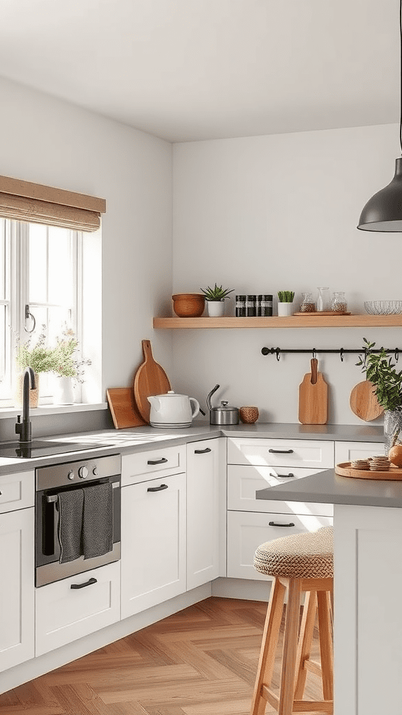 A cozy kitchen featuring white cabinets, wooden shelves, and a warm color palette.