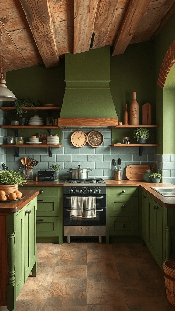 A cozy kitchen with green cabinets, wooden beams, and rustic decor.