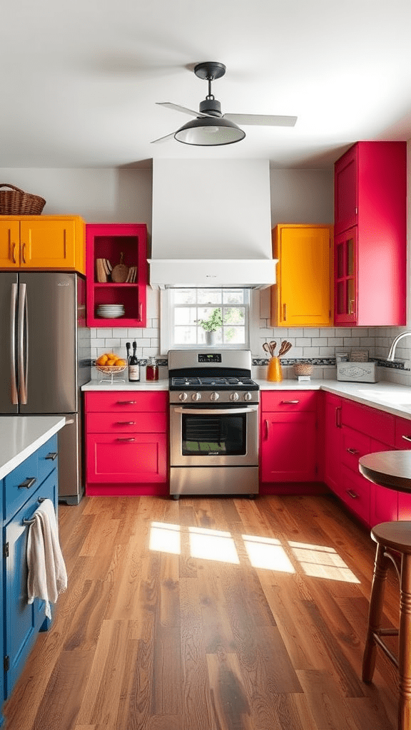 A vibrant farmhouse kitchen featuring colorful accent cabinets in pink, blue, and yellow.