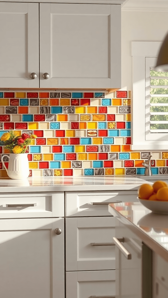 A kitchen featuring a vibrant backsplash made of colorful glass tiles.