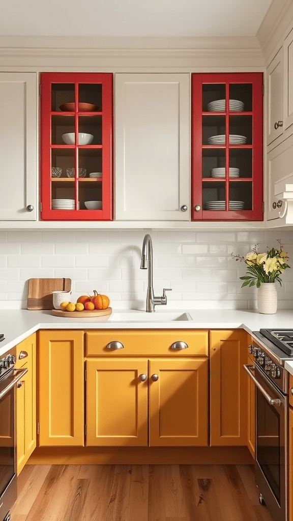 A kitchen with colorful lower cabinets in yellow and red, showcasing a bright and cheerful design.