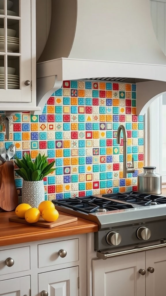 A kitchen with colorful mosaic tile backsplash featuring various patterns in vibrant colors.