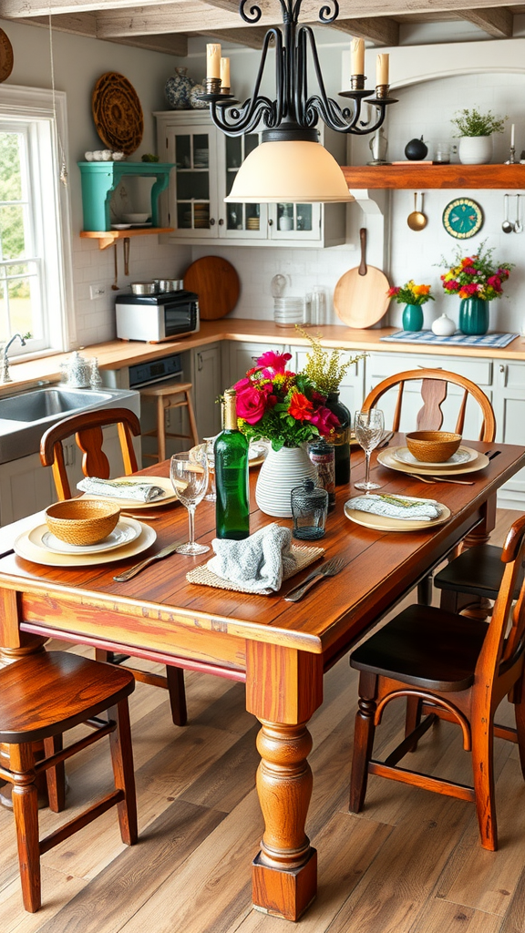 A cozy kitchen with a colorful stained wood table set for a meal, featuring flowers and decorative items.