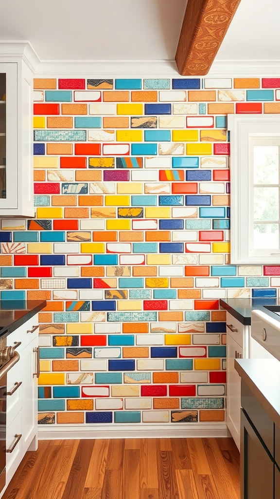 Colorful subway tile wall in a kitchen setting.