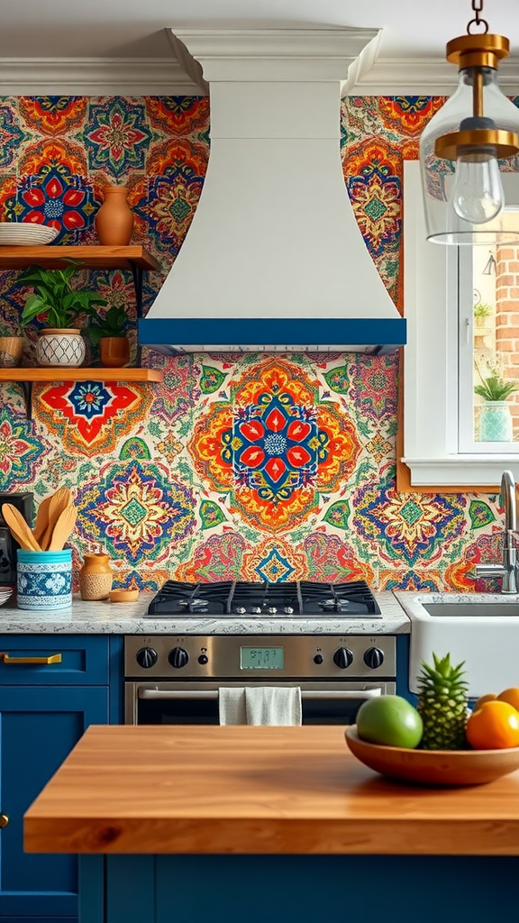 A kitchen featuring a colorful tile backsplash with vibrant patterns, dark blue cabinets, and wooden countertops.