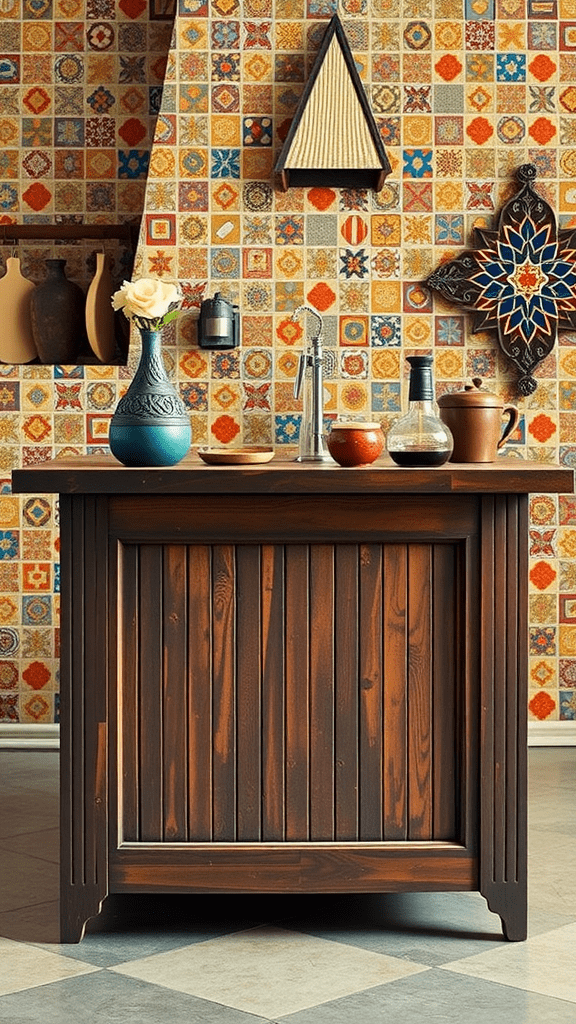 A kitchen island with a colorful tile backsplash featuring various patterns.