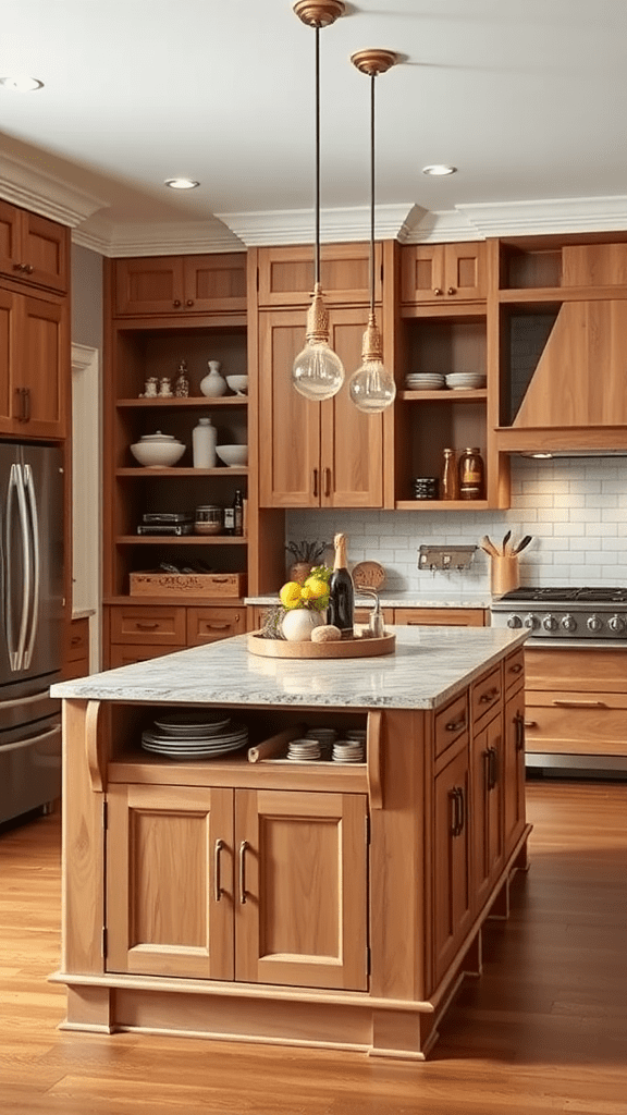 A beautifully designed kitchen with a convertible kitchen island made of wood and a marble top, featuring shelves and decorative items.