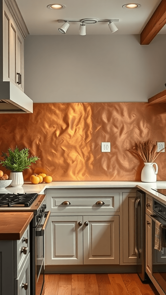 A kitchen featuring a copper accented backsplash with modern cabinets and a cozy atmosphere.