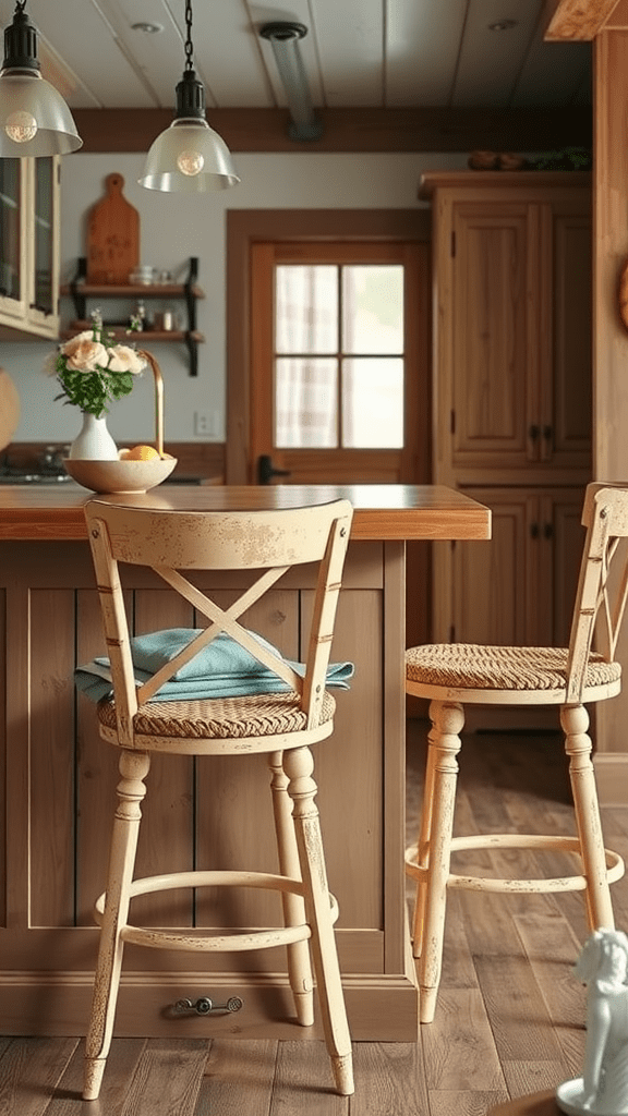 Cozy kitchen featuring cottage-style bar stools with a wooden table and soft lighting.