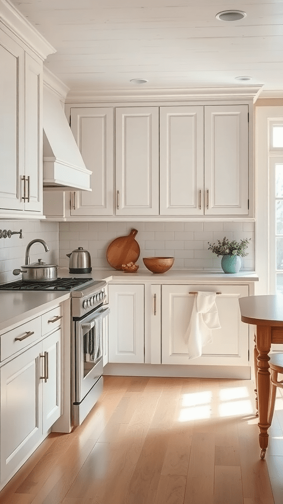 A cozy kitchen featuring cottage-style shaker cabinets in soft white.