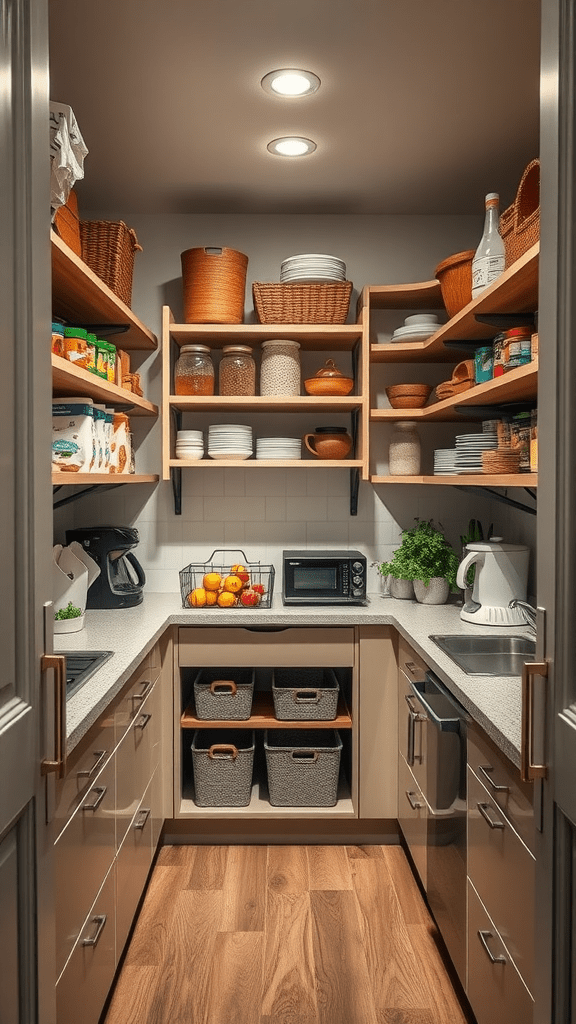 A neatly organized kitchen pantry with shelves holding various kitchen items, including baskets, plates, and a microwave.