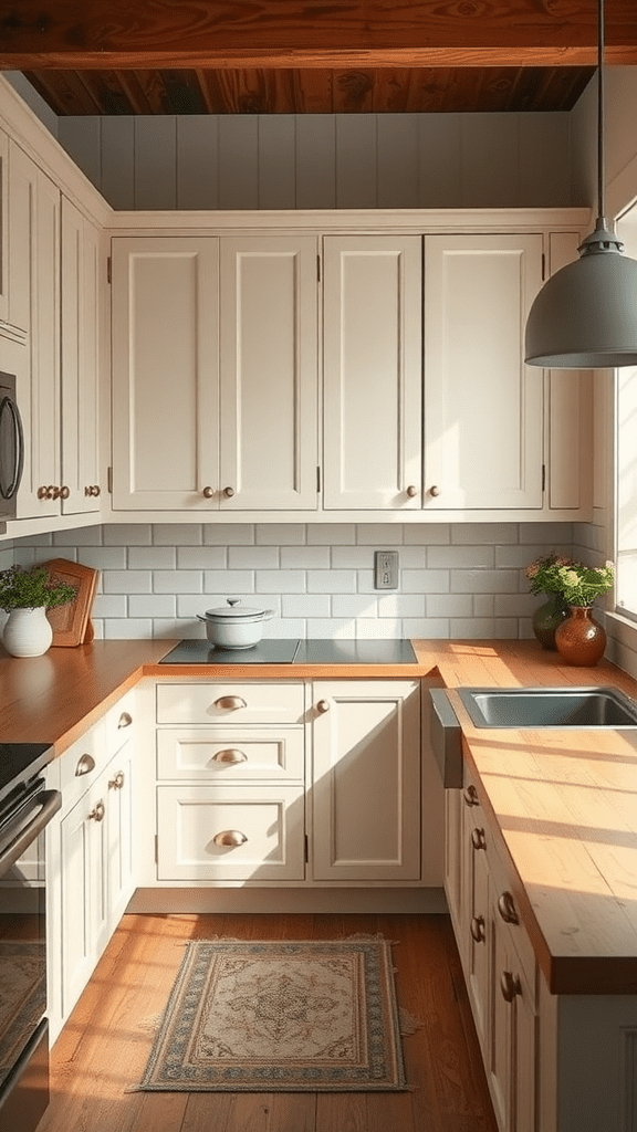 A cozy farmhouse kitchen with countertop extension cabinets, featuring warm wood tones and bright cabinetry.