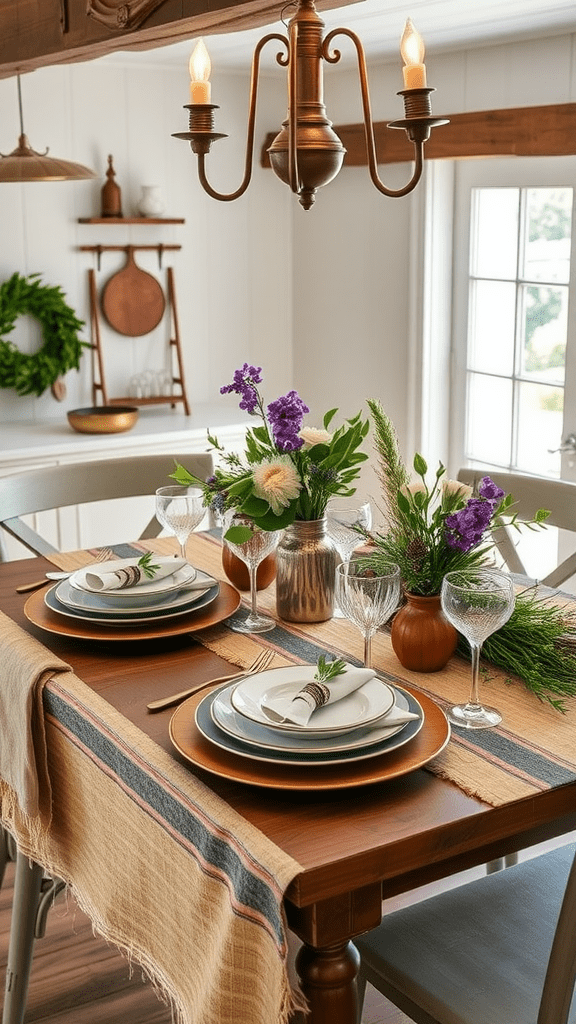 A beautifully set dining table with rustic decor, featuring flowers and elegant tableware.