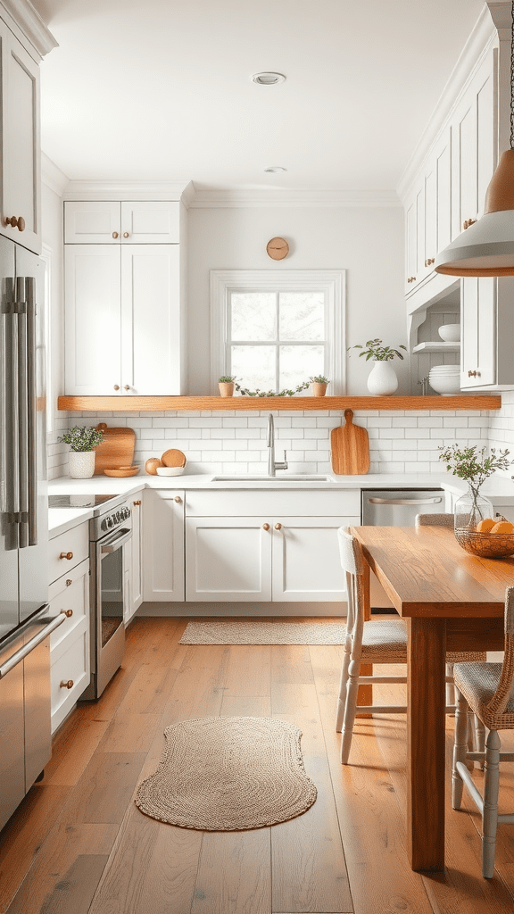 Bright farmhouse kitchen with white cabinets and wooden accents.