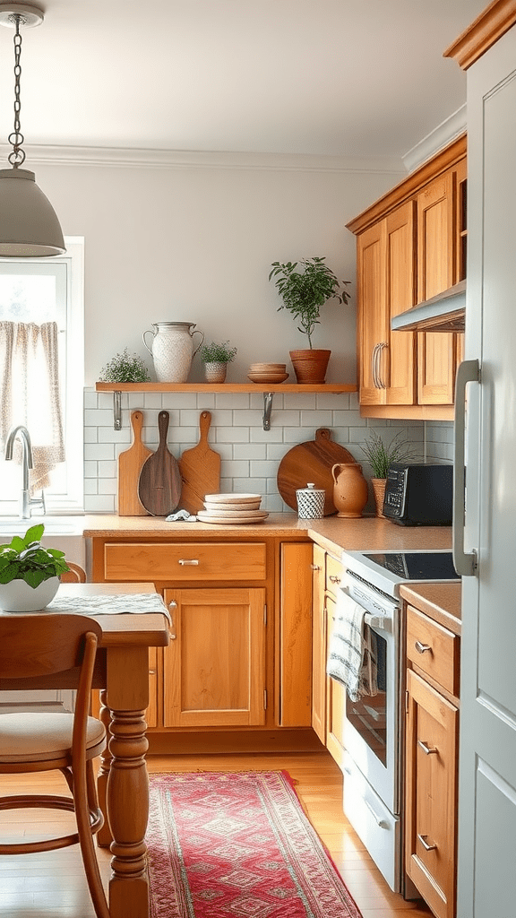 A rustic kitchen featuring wooden cabinets, a dining table, and decorative elements.