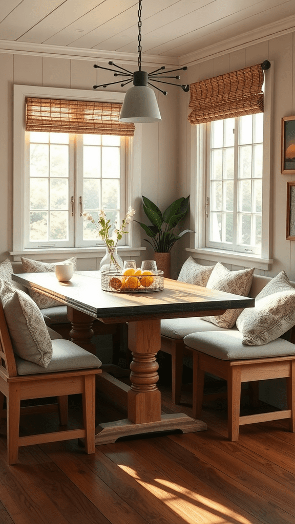 A cozy breakfast nook with a wooden table, comfortable chairs, and large windows letting in natural light.