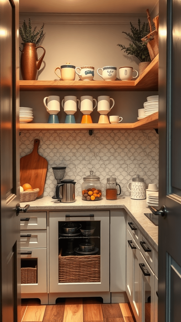 A cozy coffee station with shelves holding various mugs, a kettle, and a decorative arrangement.