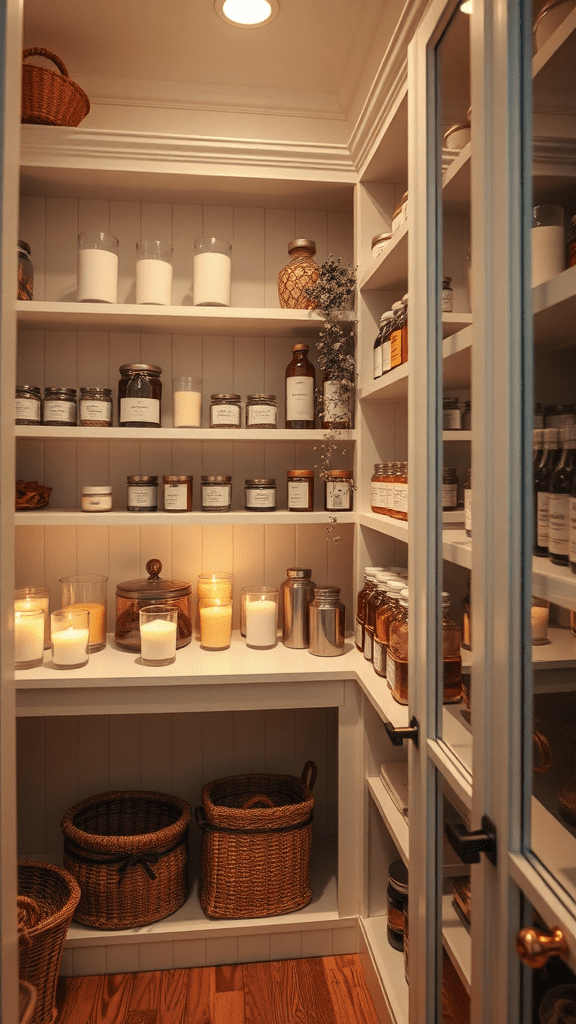 A cozy pantry filled with scented candles and jars.