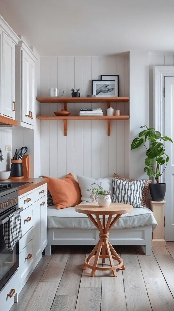 A cozy kitchen corner with a small table and comfortable seating, decorated with pillows and a plant.