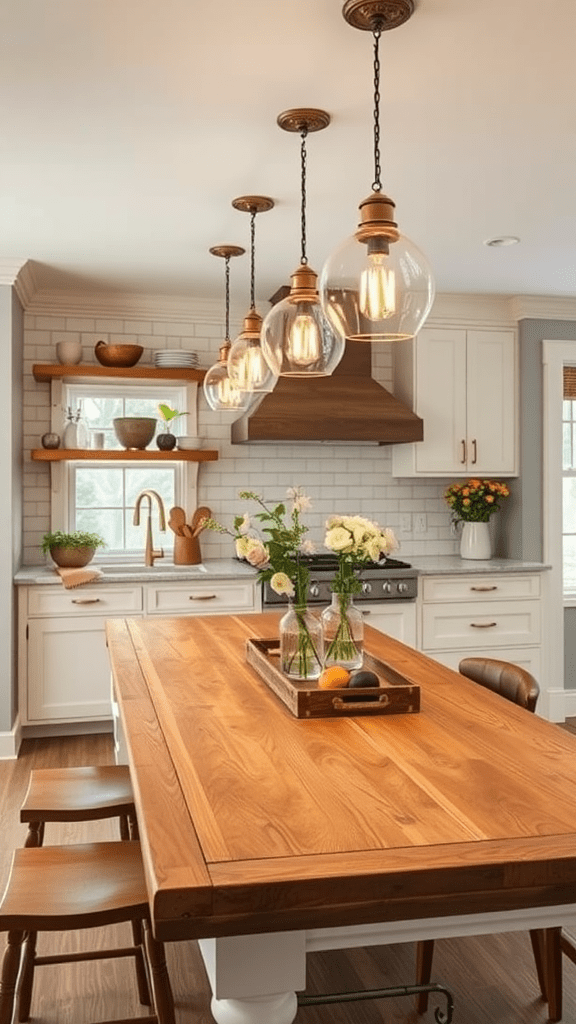 A bright kitchen featuring a wooden table with flowers, a large range hood, and hanging glass pendant lights.