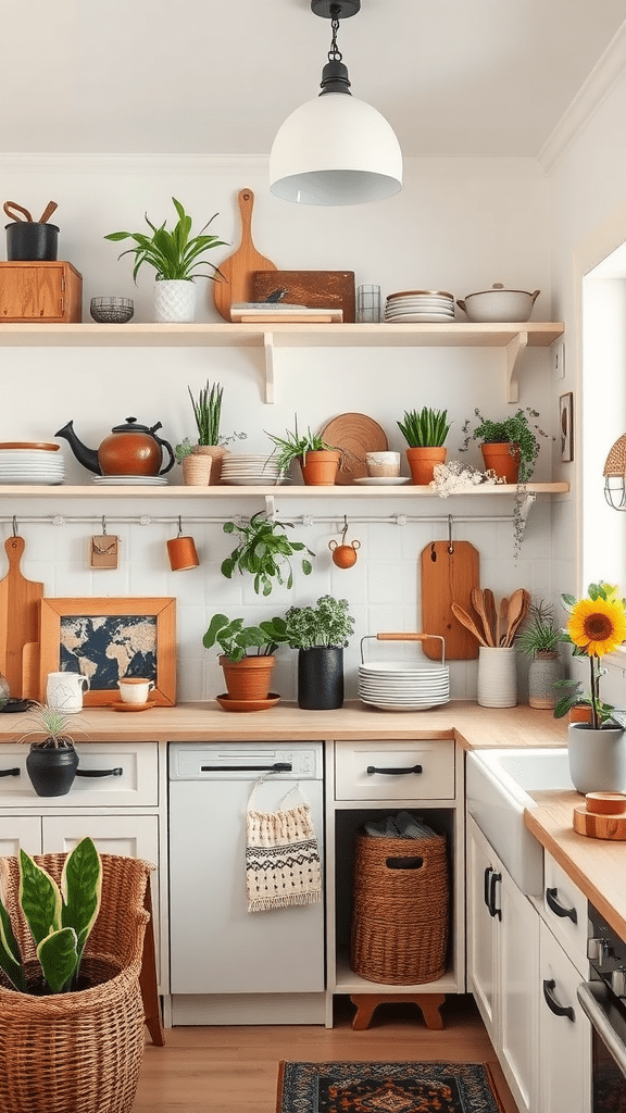 A bright kitchen featuring open shelving with plants, dishes, and wooden accents.