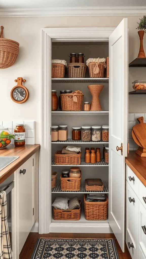 An organized pantry with shelves containing various jars and baskets.