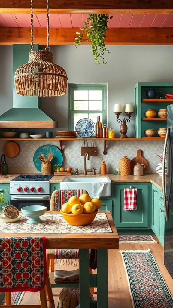 A colorful kitchen featuring teal cabinets, wooden accents, and decorative items.