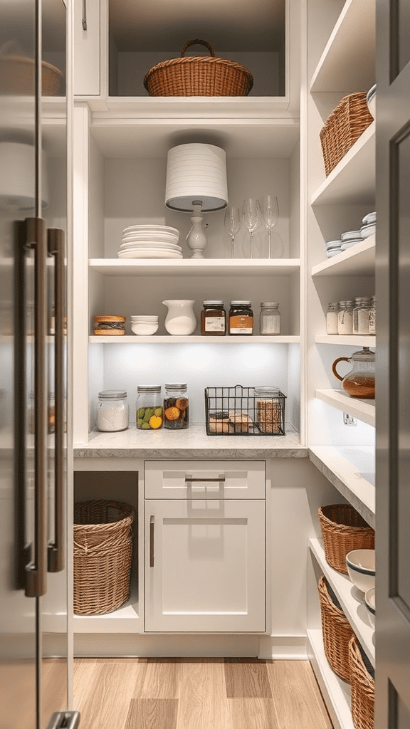 A well-organized pantry with baskets and jars on shelves.