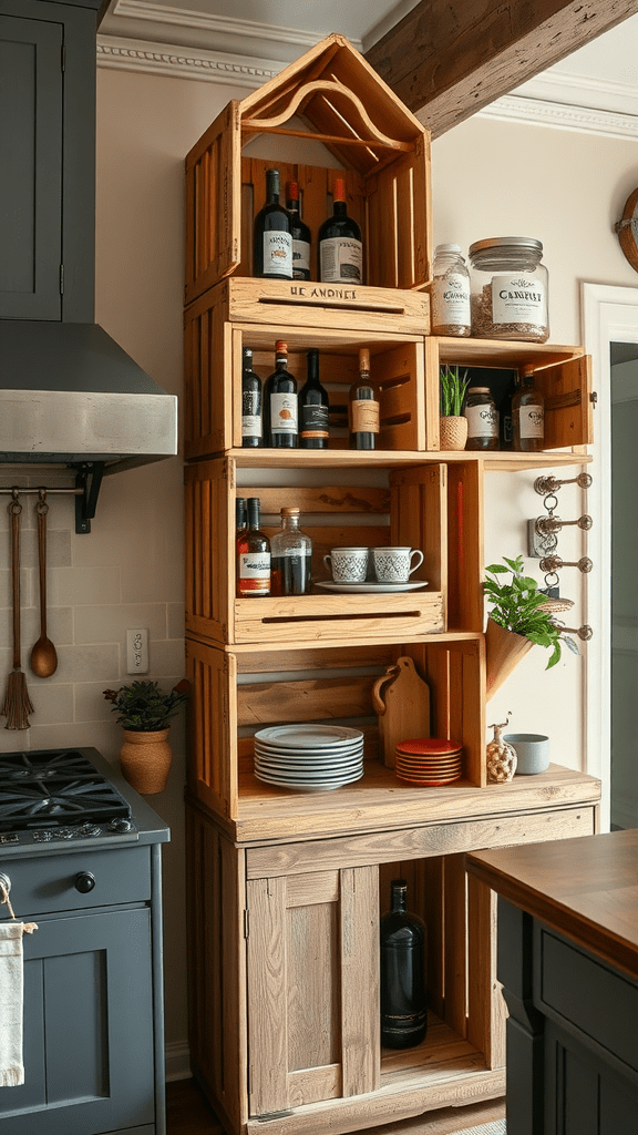 A kitchen shelf made from stacked wooden wine crates displaying various bottles, jars, and dishes.