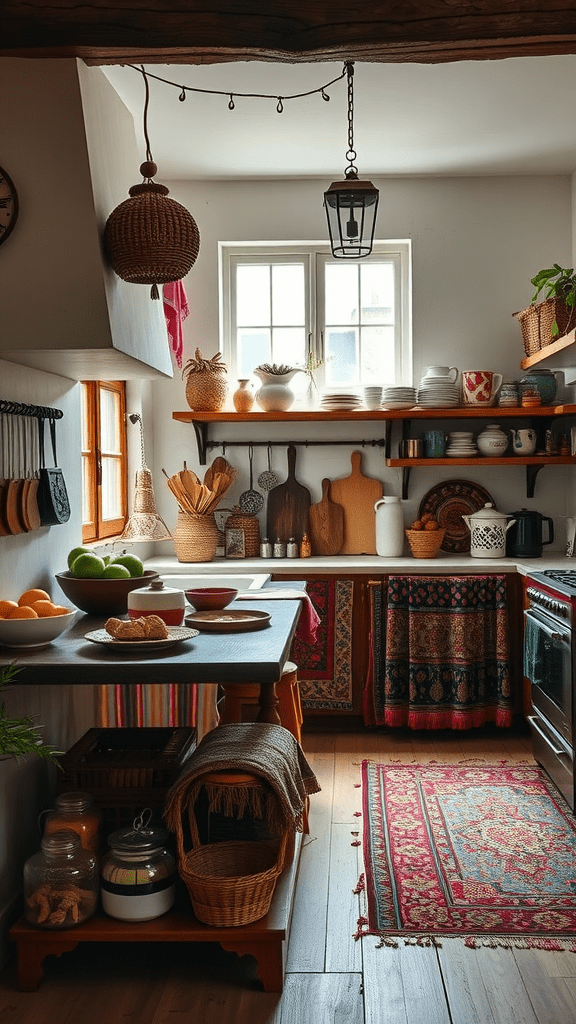 A cozy kitchen filled with cultural textiles and fabrics, featuring vibrant patterns and warm decor.