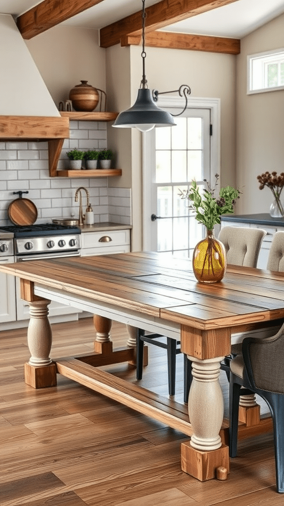 A custom-made wooden dining table in a modern kitchen setting.