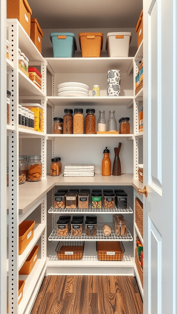 Organized pantry with modular shelving featuring various containers and baskets.