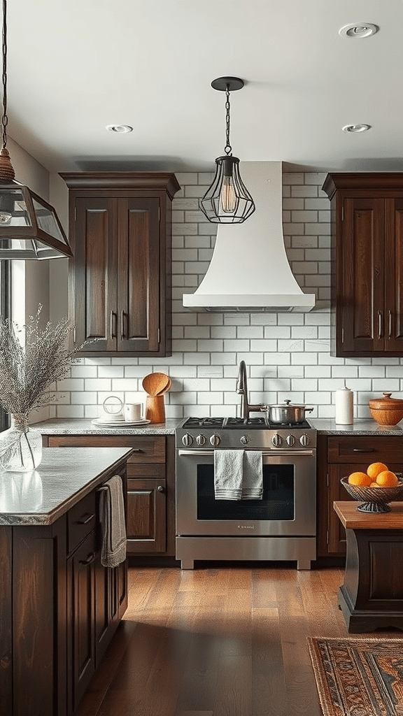 A rustic kitchen featuring dark stained wood cabinets, a stainless steel stove, and a light-colored countertop.