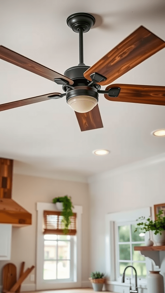 A decorative rustic ceiling fan with wooden blades in a cozy kitchen setting.