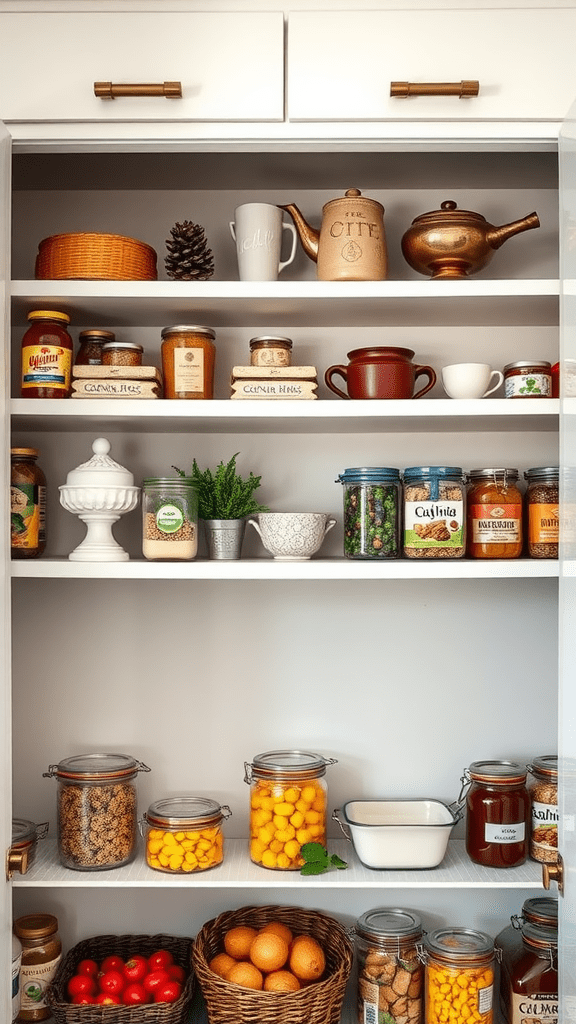 A well-organized display shelf featuring jars, decorative items, and plants.