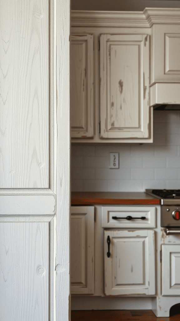 A close-up view of distressed kitchen cabinets with a rustic finish.