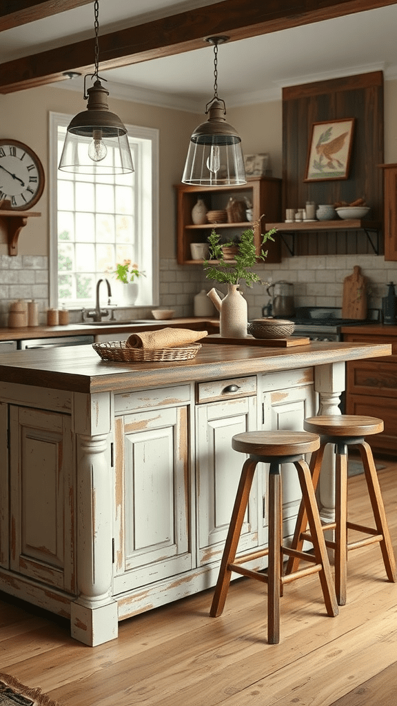 A distressed finish kitchen island with wooden stools, creating a cozy kitchen atmosphere.