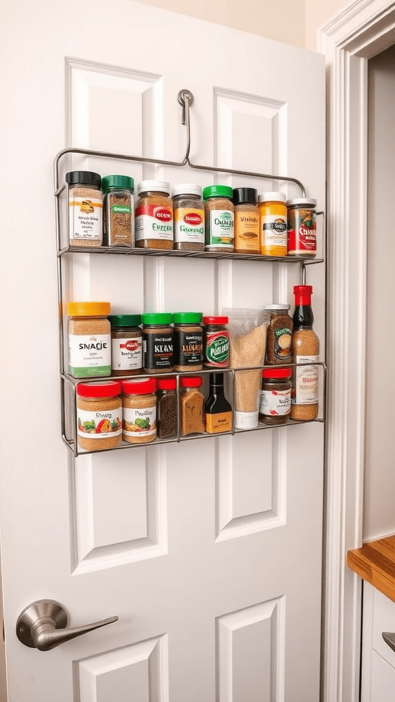 A door-mounted rack displaying various spice jars and condiments.