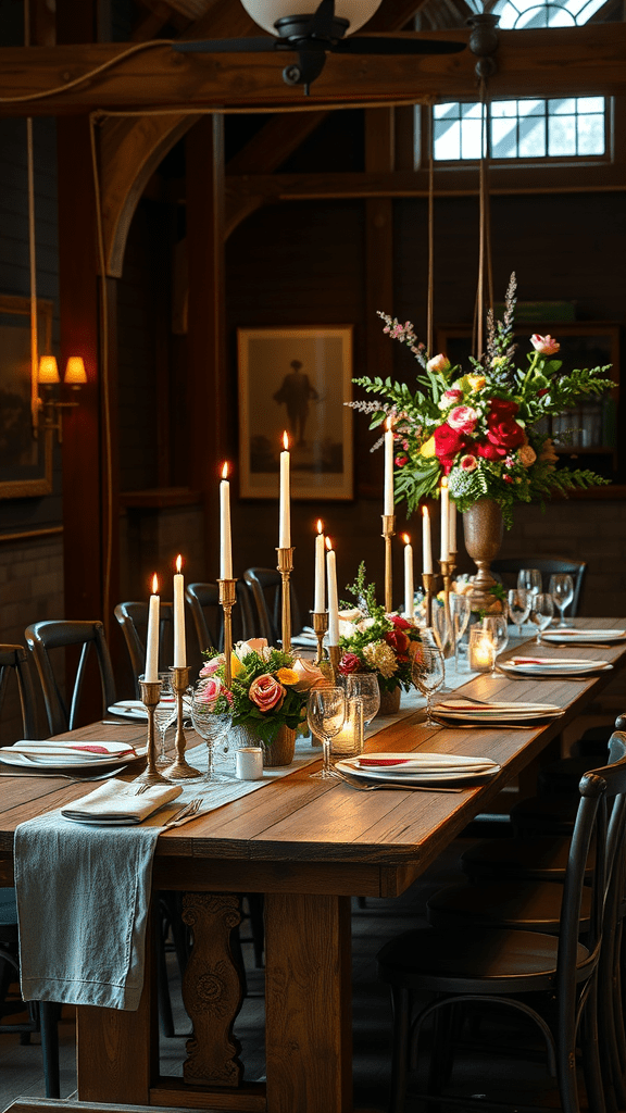 A beautifully set dining table with candles and floral arrangements.