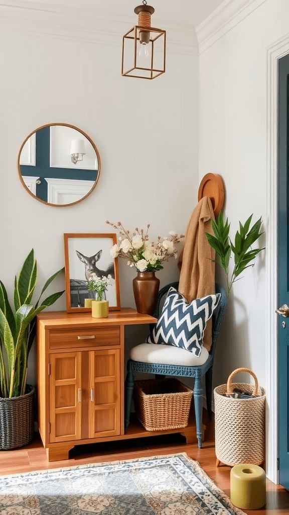 A cozy entryway featuring dual-purpose furniture, including a chair that offers storage, surrounded by plants and decor.