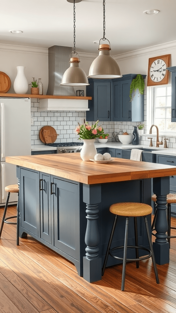 A kitchen with a dual-tone painted island featuring blue cabinets and a wooden top.