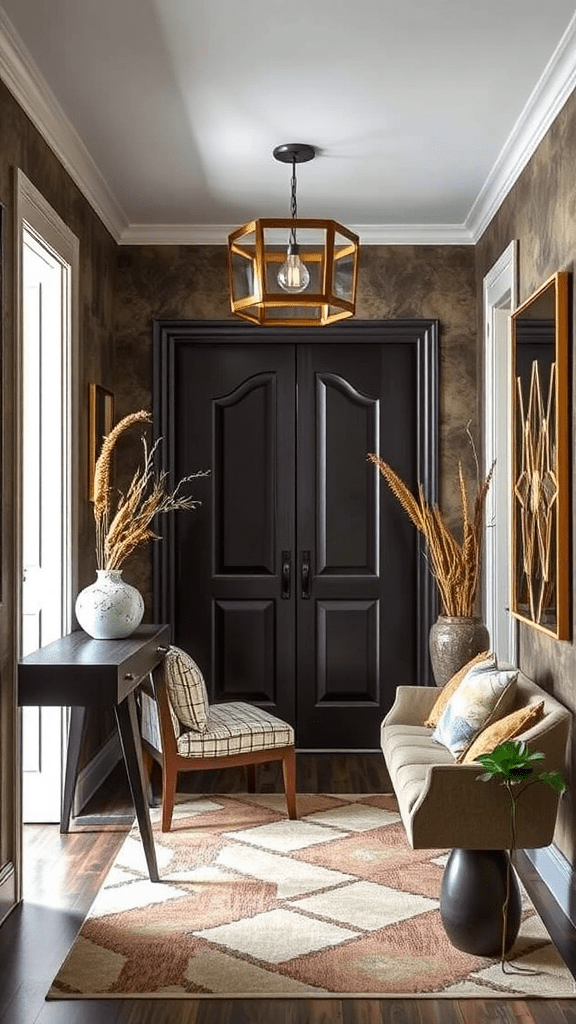 A stylish hallway featuring a dark wooden door, a light brown sofa, a patterned rug, and various decorative elements.