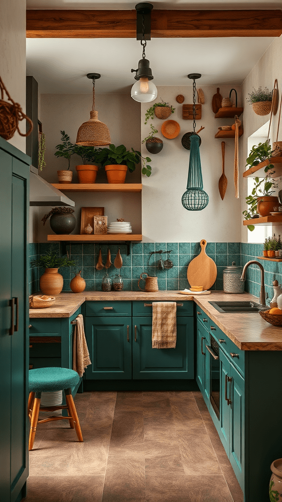 A cozy kitchen featuring earthy color palettes with green cabinets, wooden accents, and potted plants.