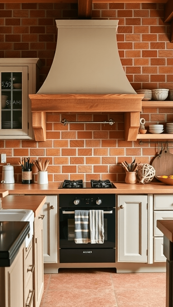 A kitchen featuring earthy terracotta tiles on the floor and a brick wall, with wooden accents and a modern stove.