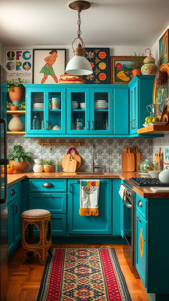 A colorful kitchen featuring turquoise cabinets, patterned rug, and vibrant decor.