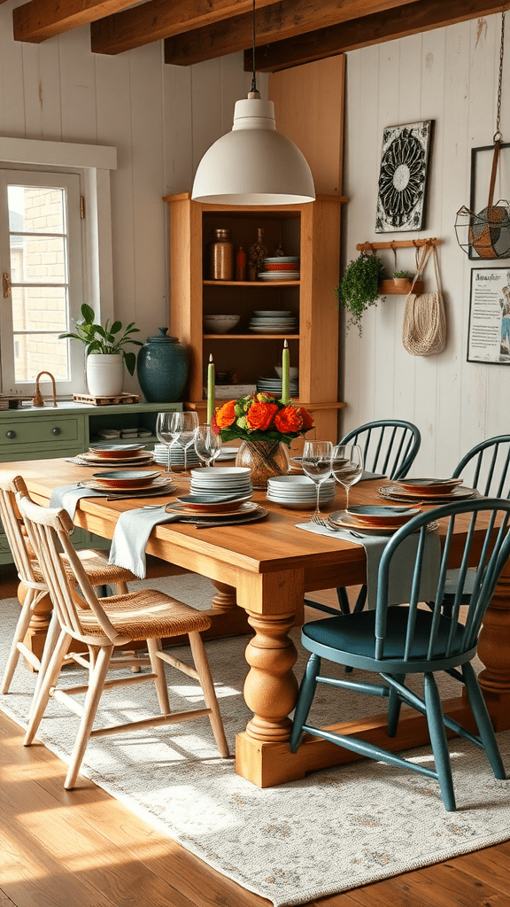 A cozy dining room with a wooden table set for a meal, featuring mixed style chairs and vibrant flowers.